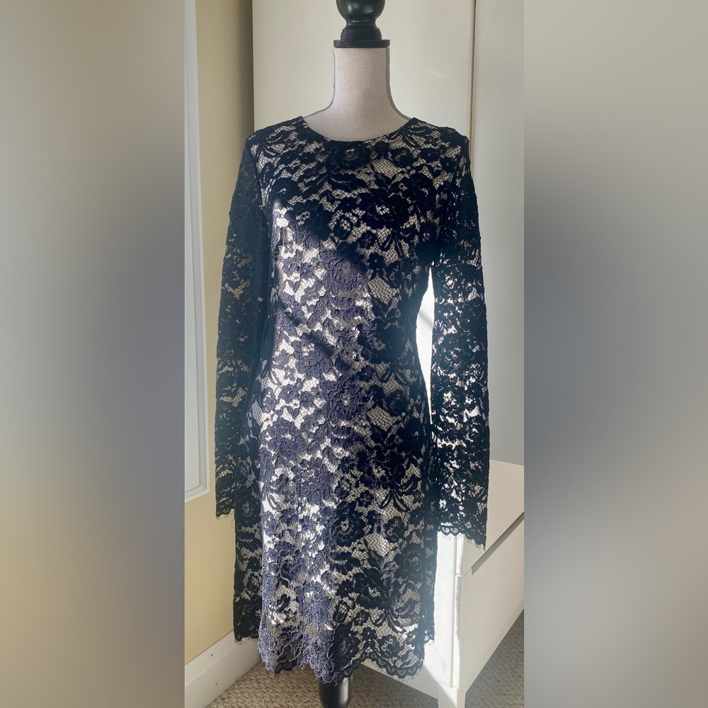 Theory Galician Marique Floral Lace Dress in Black Lace Long Sleeve Size 12